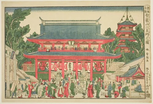 A Perspective View: The Two Deva Kings Gate of Kinryuzan Temple (Ukie: Kinryuzan niomon no zu) by Katsushika Hokusai (葛飾 北斎), print, 1776-1794