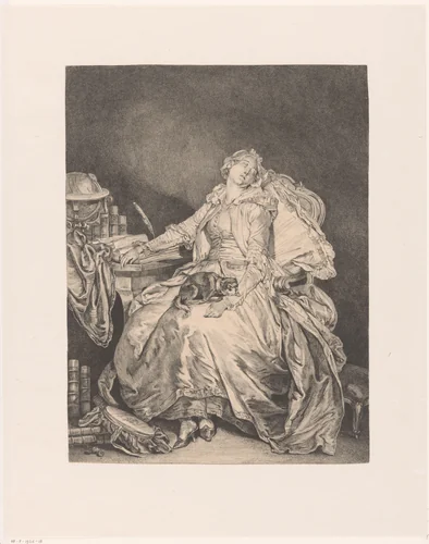 Slapende vrouw met hond op haar schoot by Jean Michel Moreau, print, 1751-1814