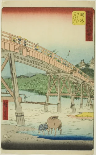 Okazaki: Yahagi Bridge on the Yahagi River (Okazaki, Yahagigawa Yahagi no hashi), no. 39 from the series "Famous Sights of the Fifty-three Stations (Gojusan tsugi meisho zue)," also known as the Vertical Tokaido by Utagawa Hiroshige (歌川広重), print, 1855