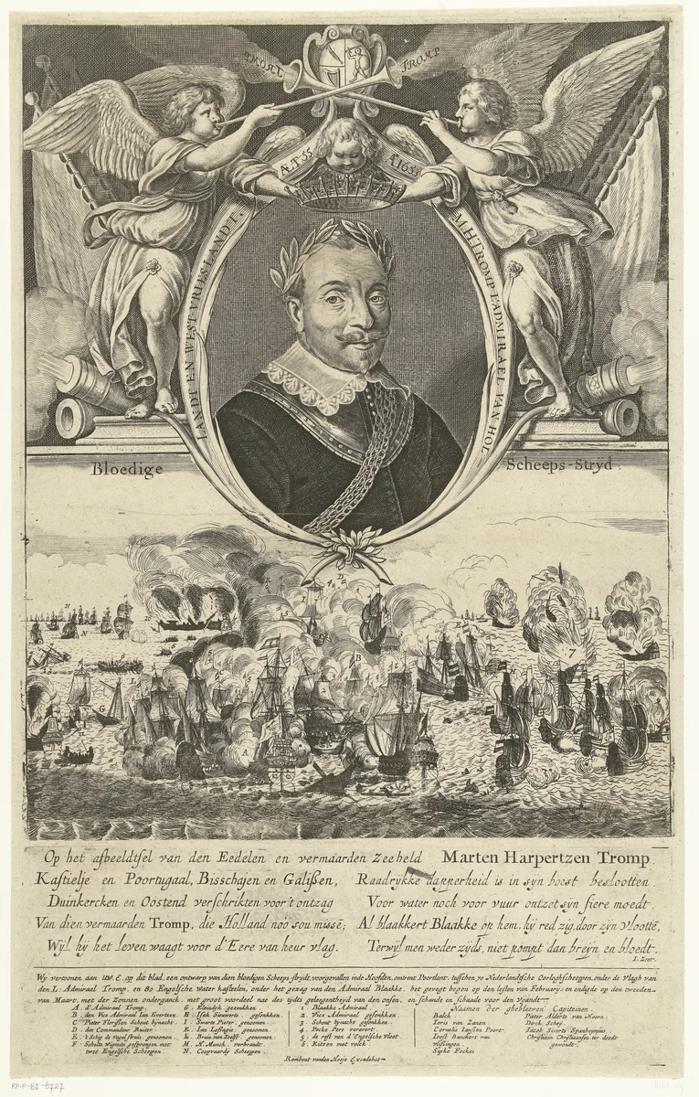 Portret van admiraal Maarten Harpertszoon Tromp op 55-jarige leeftijd by Cornelis van Dalen, print, 1640-1653