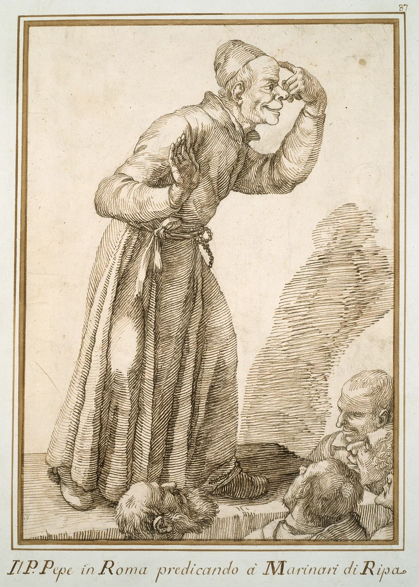 Father Pepe Preaching to Sailors by Pier Leone Ghezzi, drawing, 1694-1755