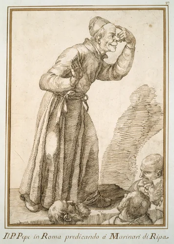 Father Pepe Preaching to Sailors by Pier Leone Ghezzi, drawing, 1694-1755