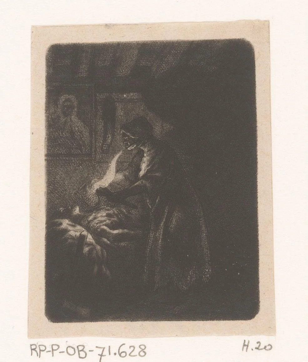 Vrouw geeft zieke op bed te drinken by Jean Pierre Norblin de la Gourdaine, print, 1755-1830