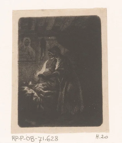 Vrouw geeft zieke op bed te drinken by Jean Pierre Norblin de la Gourdaine, print, 1755-1830