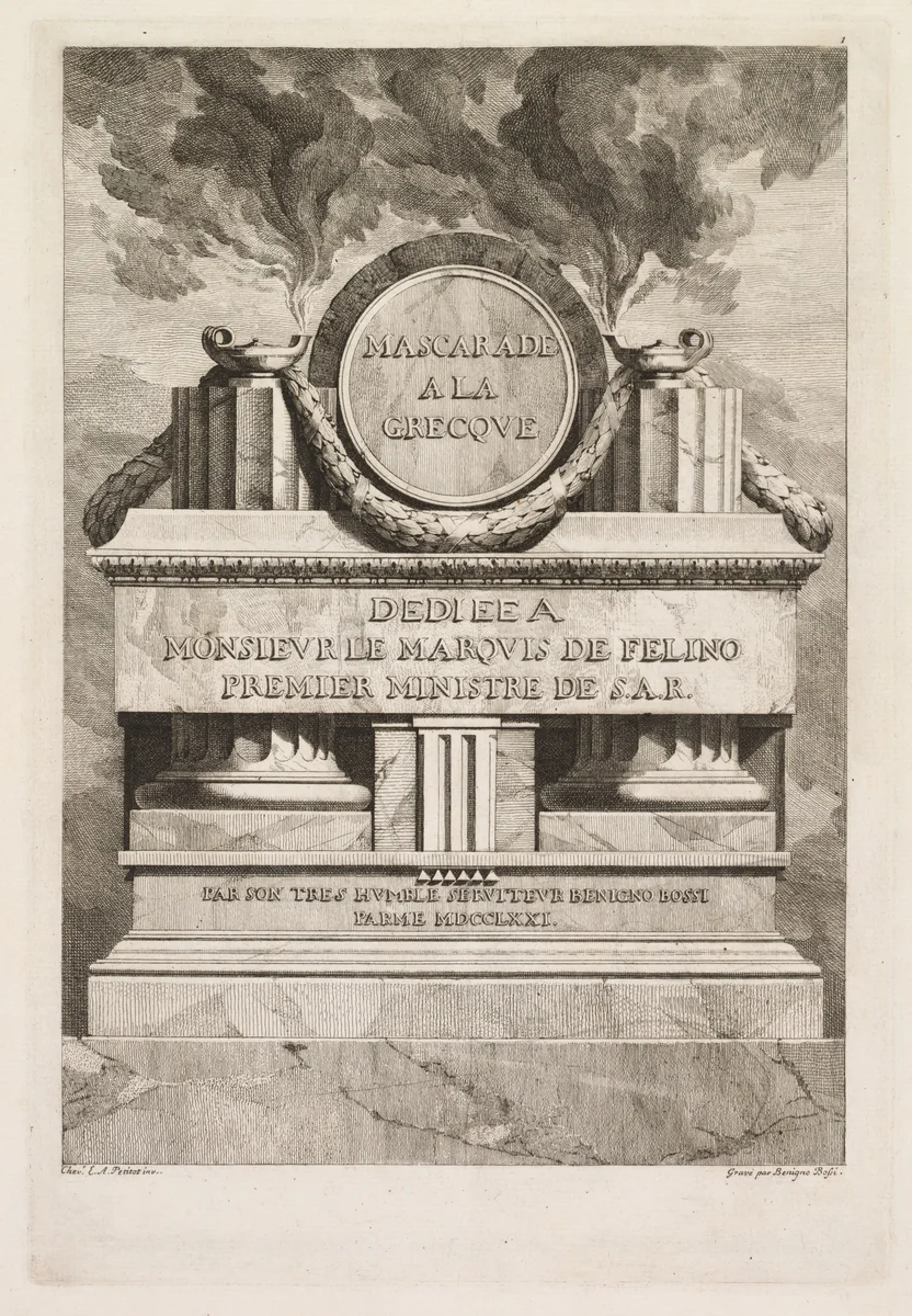 Mascarade à la Grecque: Dedication Page by Benigno Bossi, print, 1771