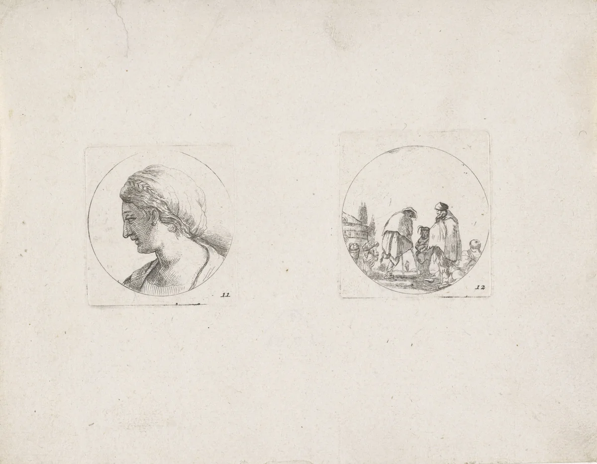 Vrouwsbuste in profiel naar links en voorstelling met bedelaars op 
krukken by anonymous, print, 1620-1664