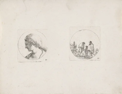Vrouwsbuste in profiel naar links en voorstelling met bedelaars op 
krukken by anonymous, print, 1620-1664