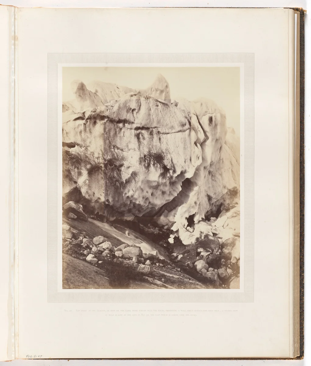 "The front of the glacier, as seen on the land, being forced over the rocks" by George P. Critcherson, John L. Dunmore, William Bradford, photograph, 1869