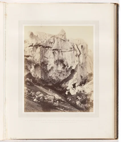 "The front of the glacier, as seen on the land, being forced over the rocks" by George P. Critcherson, John L. Dunmore, William Bradford, photograph, 1869