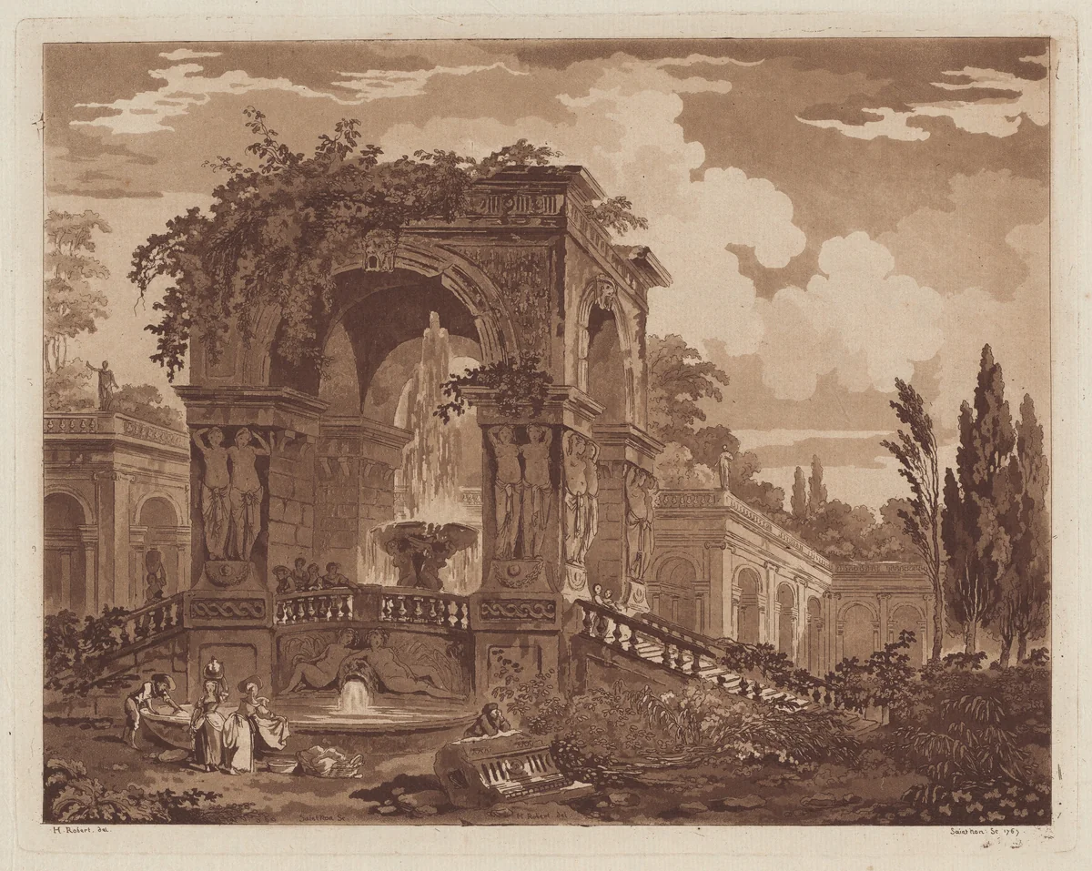 View of an Antique Fountain by Hubert Robert, print, 1767