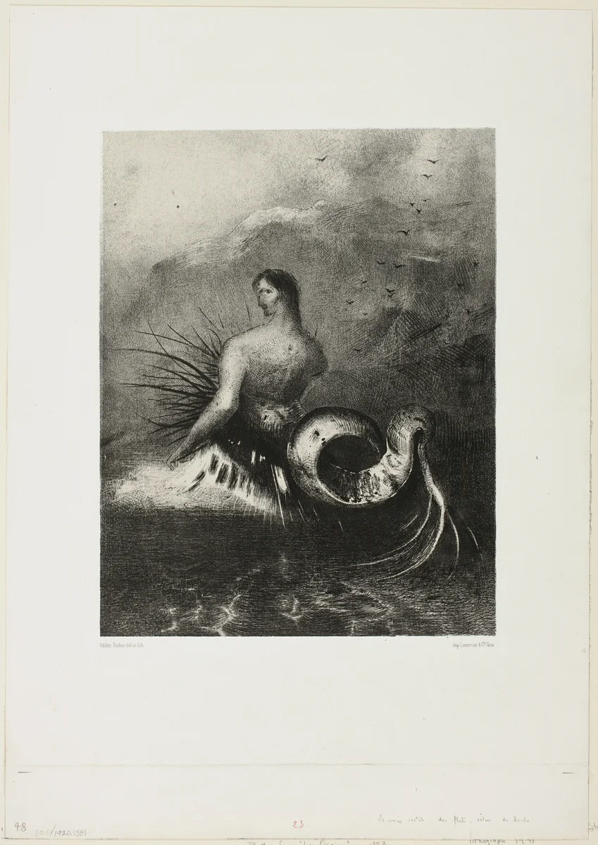 Siren Coming out of the Waves, Dressed in Flames, plate 4 of 8 from "Les Origines" by Odilon Redon, print, 1883