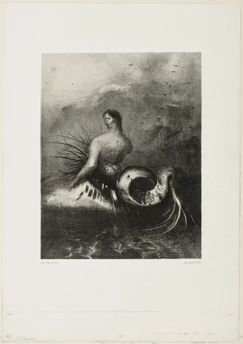 Siren Coming out of the Waves, Dressed in Flames, plate 4 of 8 from "Les Origines" by Odilon Redon, print, 1883