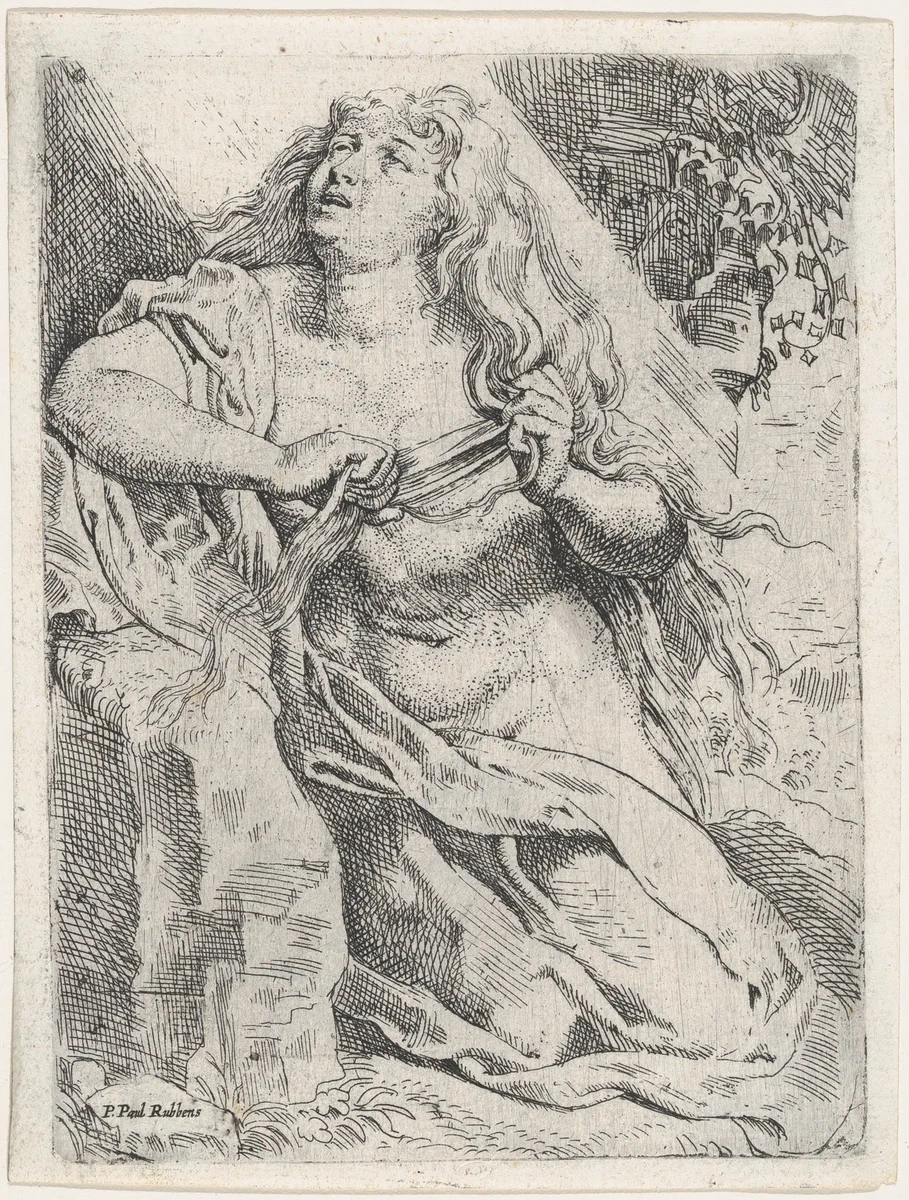 Mary Magdalen in the wilderness by Willem Pietersz Buytewech, print, 1608-1618