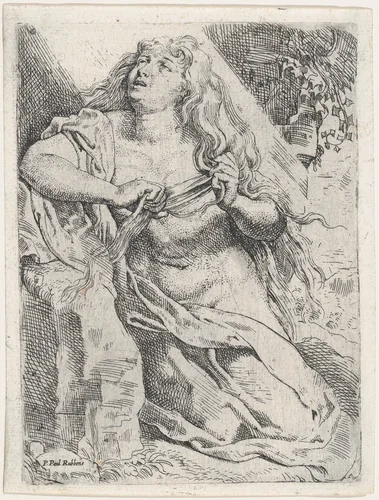 Mary Magdalen in the wilderness by Willem Pietersz Buytewech, print, 1608-1618