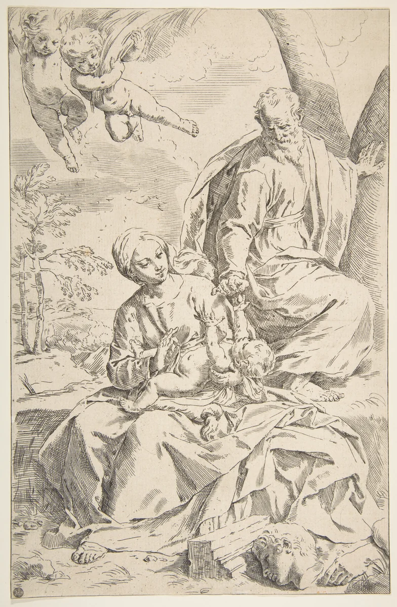 Rest on the flight into Egypt, Mary holding the infant Christ while St. Joseph hands him a fruit by Simone Cantarini, print, 1634-1644