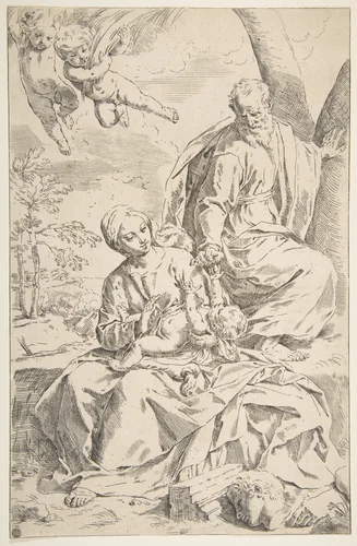 Rest on the flight into Egypt, Mary holding the infant Christ while St. Joseph hands him a fruit by Simone Cantarini, print, 1634-1644