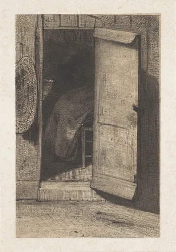 Doorkijk door een geopende deur by August Allebé, print, 1848-1909