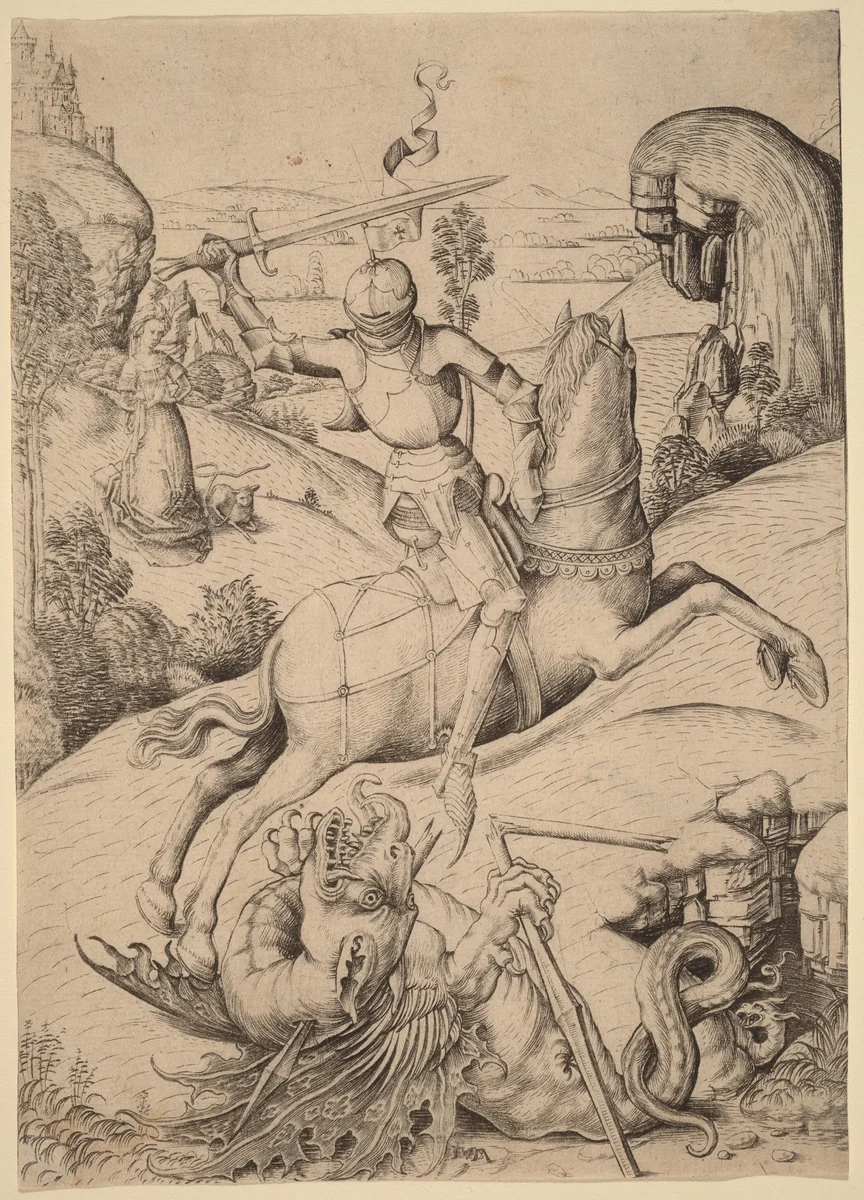 Saint George and the Dragon by Israhel van Meckenem, print, 1480-1490