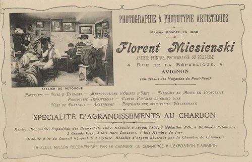 Florent Miesienski, Photographie & phototypie artistiques, Maison fondée en 1888, Spécialité d’agrandissements au charbon, Avignon by Unidentified Photographer, photograph, 1907