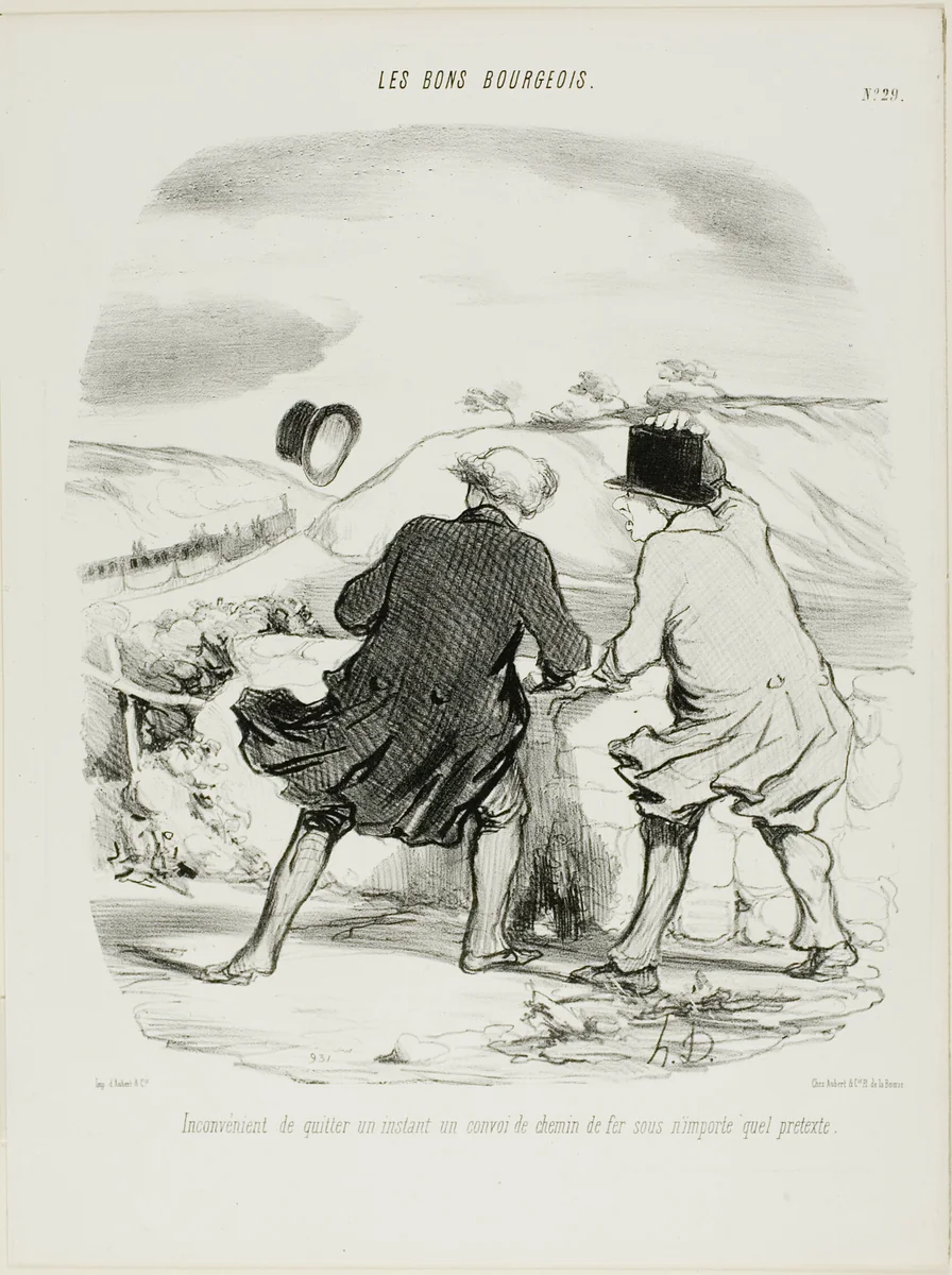 The inconvenience of leaving the train even only for a moment and for any pretext whatsoever, plate 29 from Les Bons Bourgeois by Honoré-Victorin Daumier, print, 1847