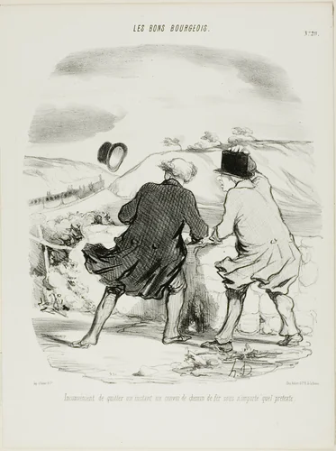 The inconvenience of leaving the train even only for a moment and for any pretext whatsoever, plate 29 from Les Bons Bourgeois by Honoré-Victorin Daumier, print, 1847
