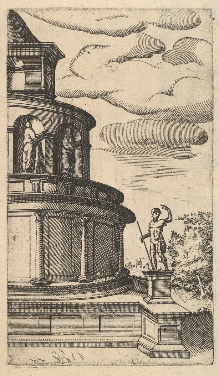 Partial view of a Building [Sepulchrum Adriani] from the series 'Ruinarum variarum fabricarum delineationes pictoribus caeterisque id genus artificibus multum utiles' by Lambert Suavius, book, 1554