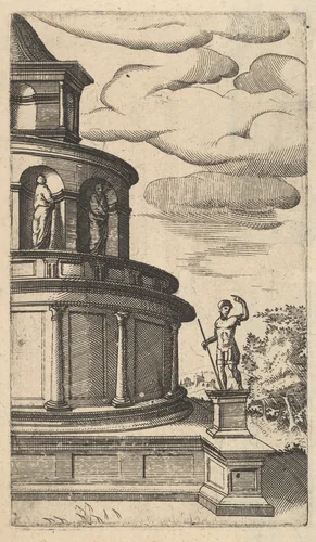 Partial view of a Building [Sepulchrum Adriani] from the series 'Ruinarum variarum fabricarum delineationes pictoribus caeterisque id genus artificibus multum utiles' by Lambert Suavius, book, 1554