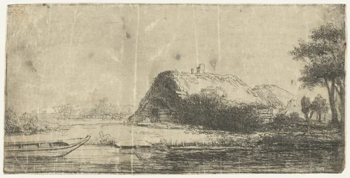 Kanaal met boerderij en een boot by anonymous, print, 1630-1700
