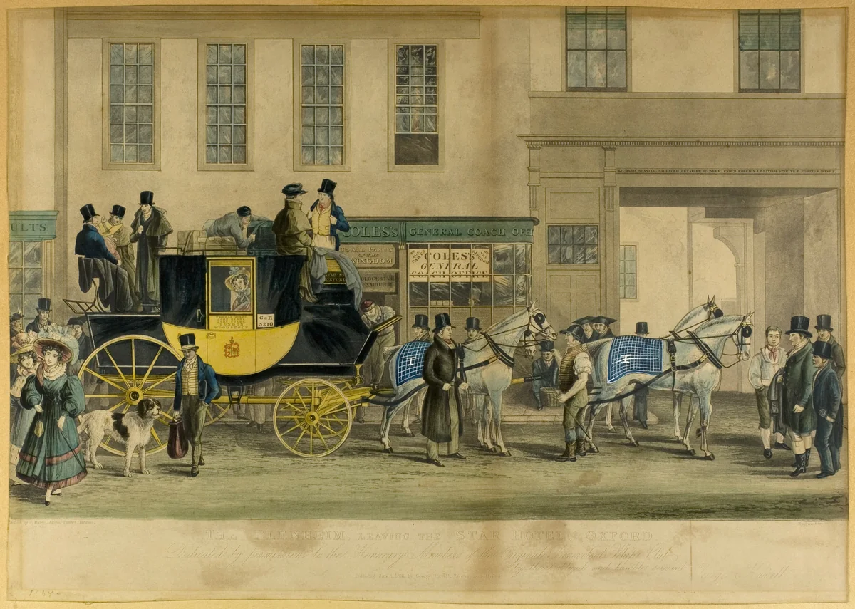 The Blenheim, Leaving the Star Hotel, Oxford by William Havell, print, 1831