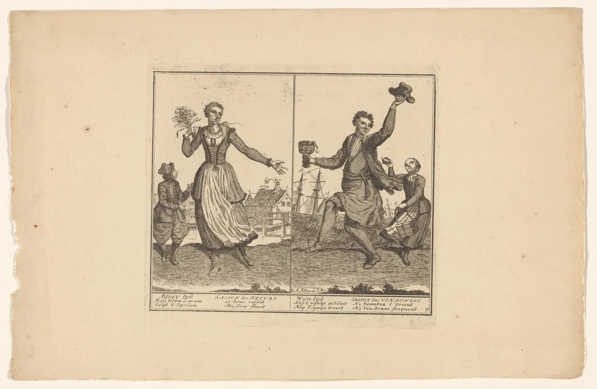 Bloei tijd / Wijn tijd by Abraham Allard, print, 1676-1725