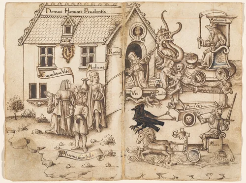 "Do Not Turn Back When You Arrive at the End" [fol. 26 verso / 27 recto] by French early 16th Century, drawing, 1512-1514