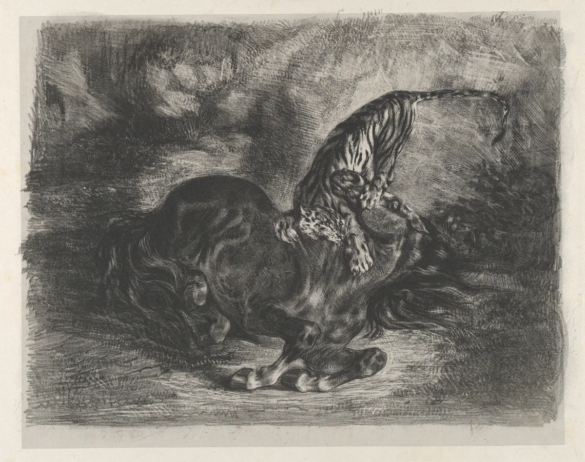 Wild Horse Felled by a Tiger by Eugène Delacroix, print, 1828