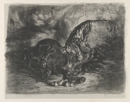 Wild Horse Felled by a Tiger by Eugène Delacroix, print, 1828