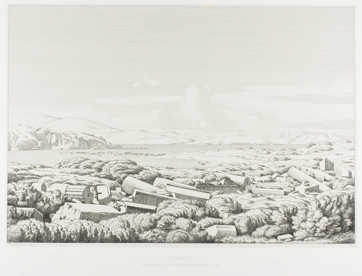 Cyclades: the Porticos of Philip, Port of Dhílos, Rinea (or Greater Dhílos) and Tínos by Théodore Caruelle d' Aligny, print, 1846