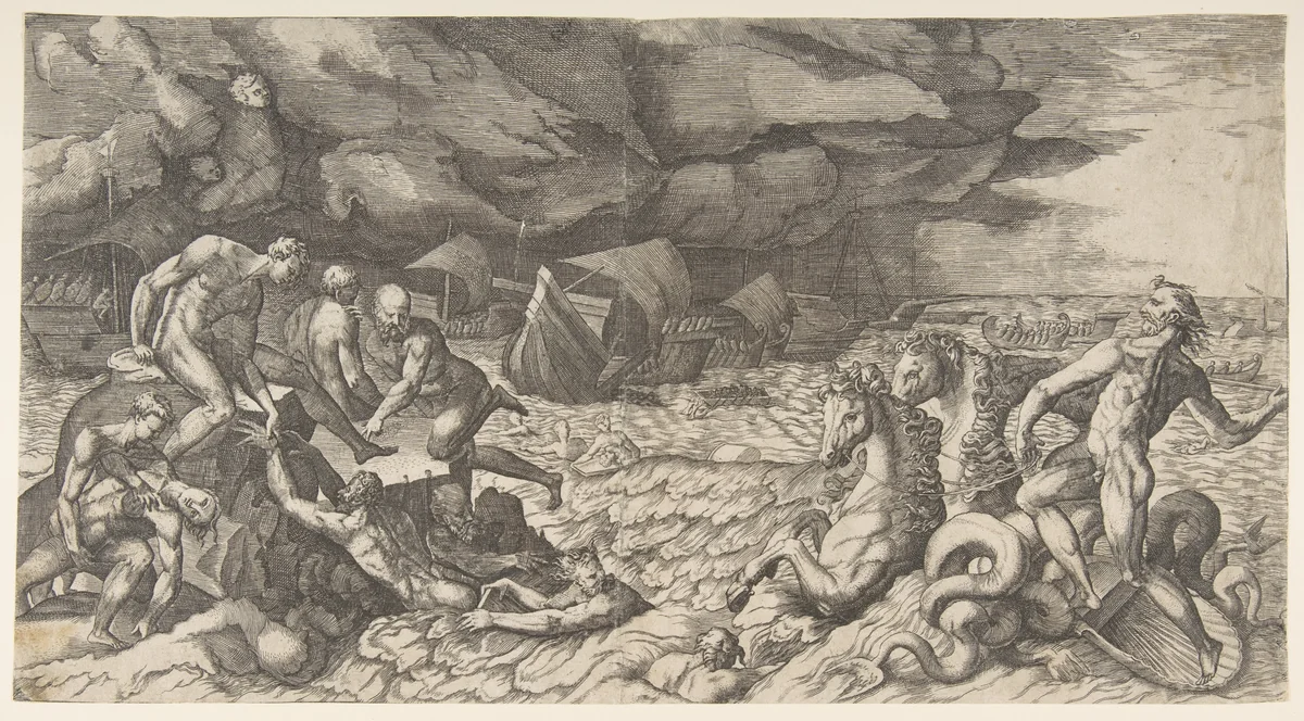 Neptune calming the Tempest Aeolus raised against the Fleet of Aeneas by Giulio Bonasone, print, 1531-1576