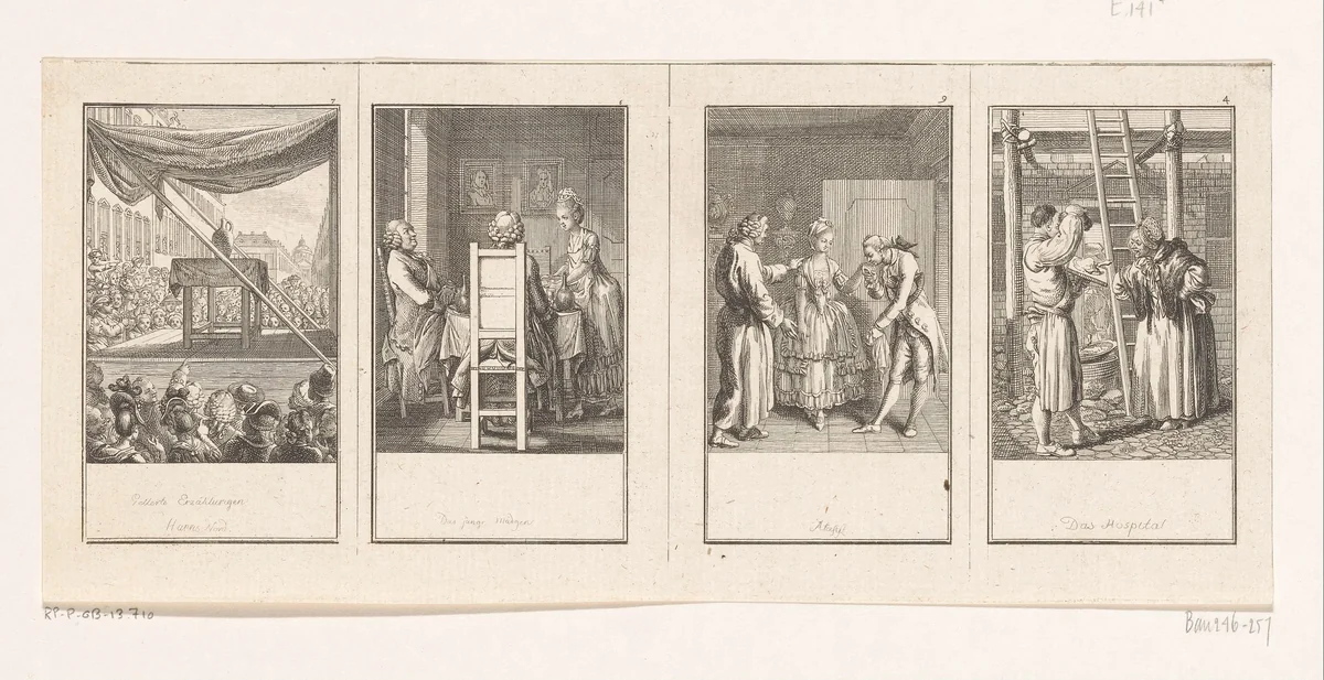 Vier scènes uit Gellert's Fabeln und Erzählungen by Daniel Nikolaus Chodowiecki, print, 1775