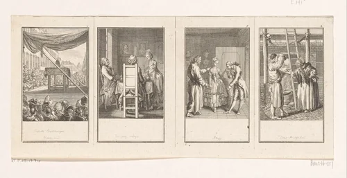 Vier scènes uit Gellert's Fabeln und Erzählungen by Daniel Nikolaus Chodowiecki, print, 1775