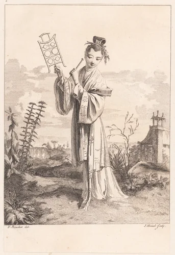 Chinoiserie with a woman playing a musical instrument, from Suite de Figures Chinoises. . .Tiré du Cabinet de Mr. d'Azaincourt (Series of Chinoiserie Figures. . .From the Chambers of Mr. d'Azaincourt) by Jean-Pierre-Louis-Laurent Hoüel, print, 1755-1776