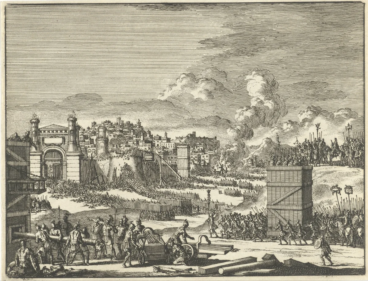 Jeruzalem door Titus belegerd (variant B) by Jan Luyken, print, 1669-1712