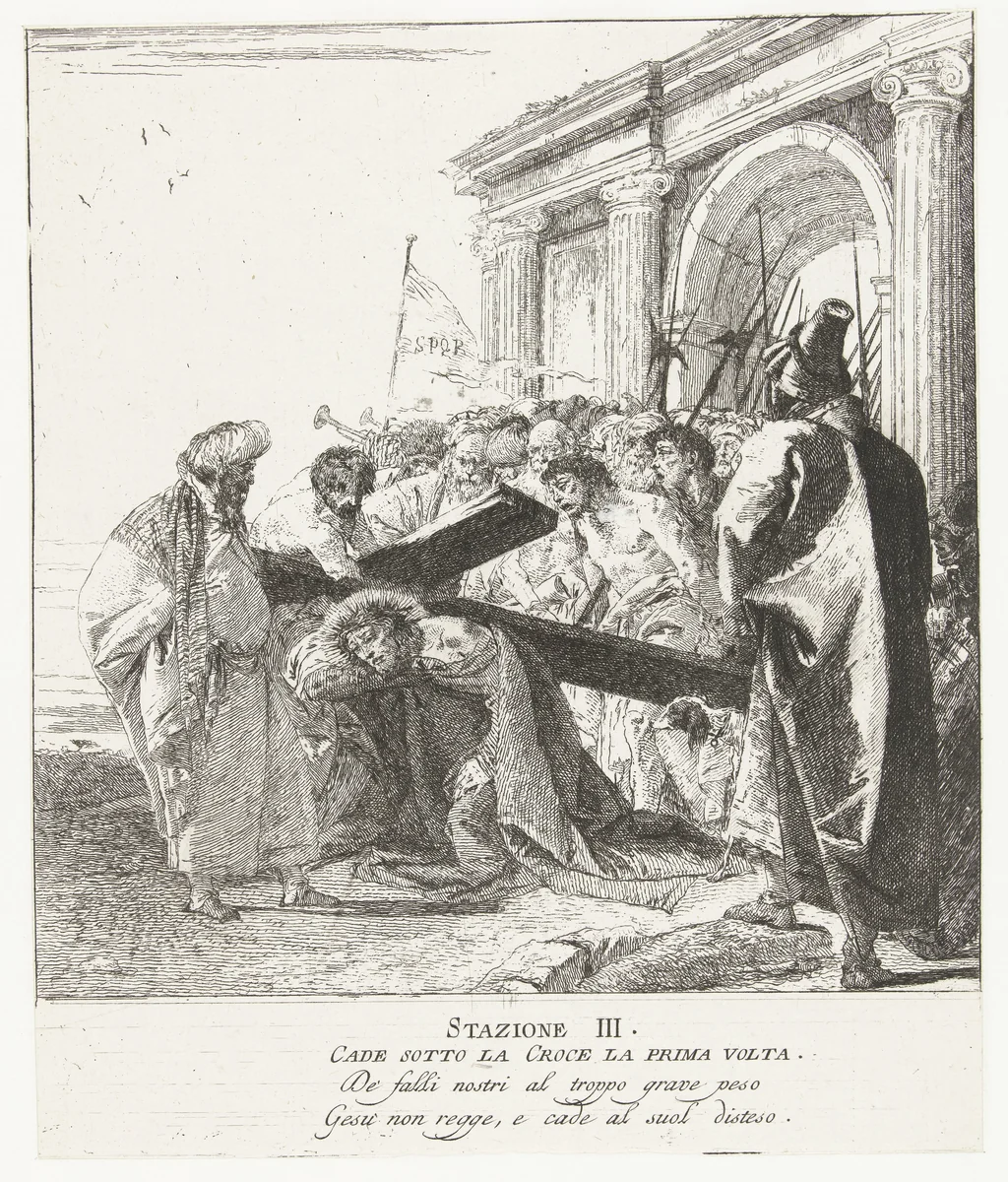 Christus bezwijkt onder kruis bij kruisdraging by Giovanni Domenico Tiepolo, print, 1747-1749