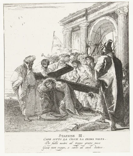 Christus bezwijkt onder kruis bij kruisdraging by Giovanni Domenico Tiepolo, print, 1747-1749