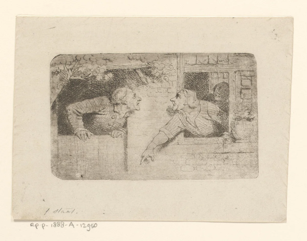 Twistende figuren die uit een deur- en raamopening hangen by Ferdinand De Braekeleer, print, 1802-1883