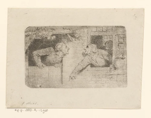 Twistende figuren die uit een deur- en raamopening hangen by Ferdinand De Braekeleer, print, 1802-1883