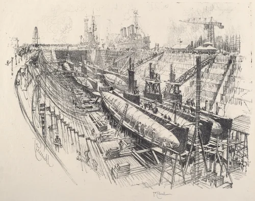 Submarines in Dry Dock by Joseph Pennell, print, 1917