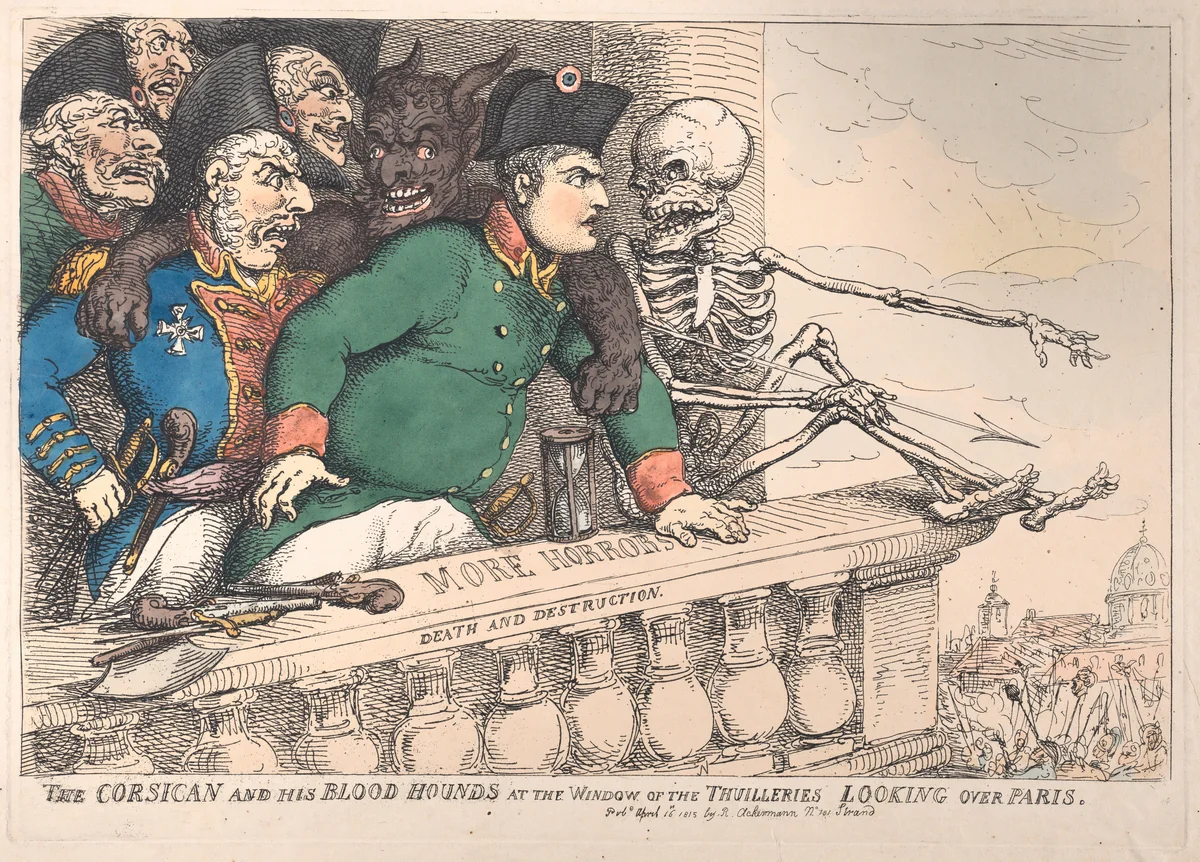 The Corsican and His Bloodhounds at the Window of the Thuilleries Looking Over Paris by Thomas Rowlandson, print, 1815