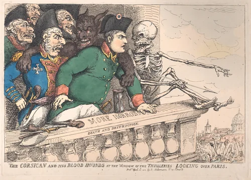 The Corsican and His Bloodhounds at the Window of the Thuilleries Looking Over Paris by Thomas Rowlandson, print, 1815