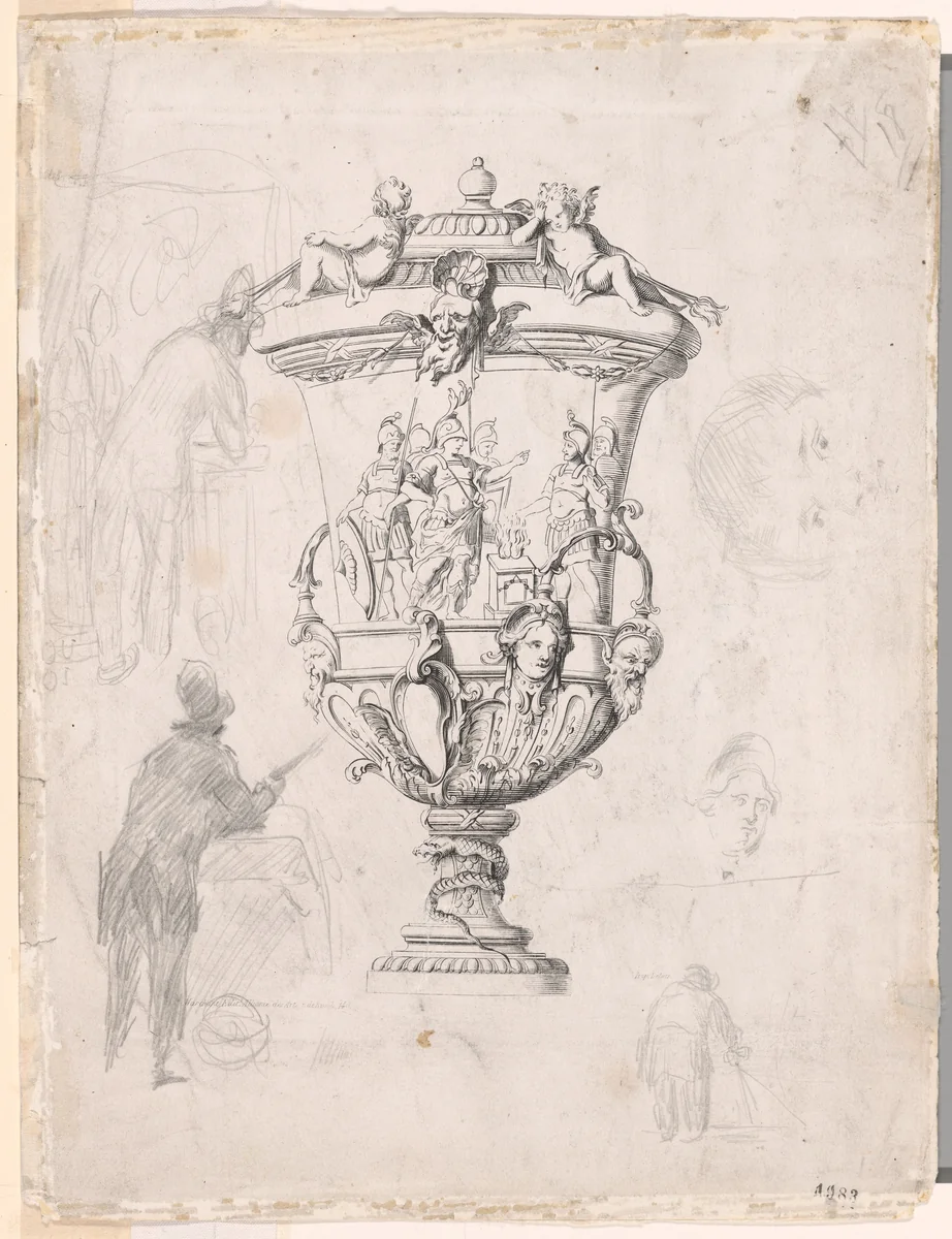 Figure Studies Around an Engraving of an Ornamental Vase by Paul Cézanne, drawing, 1870-1872