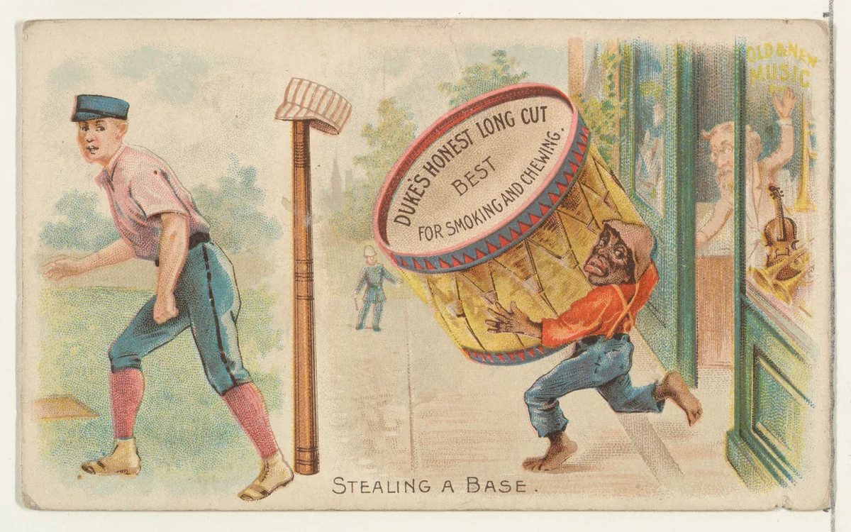 Stealing a Base, from the Talk of the Diamond set (N135) issued by Duke Sons & Co., a branch of the American Tobacco Company by W. Duke, Sons & Co., print, 1888