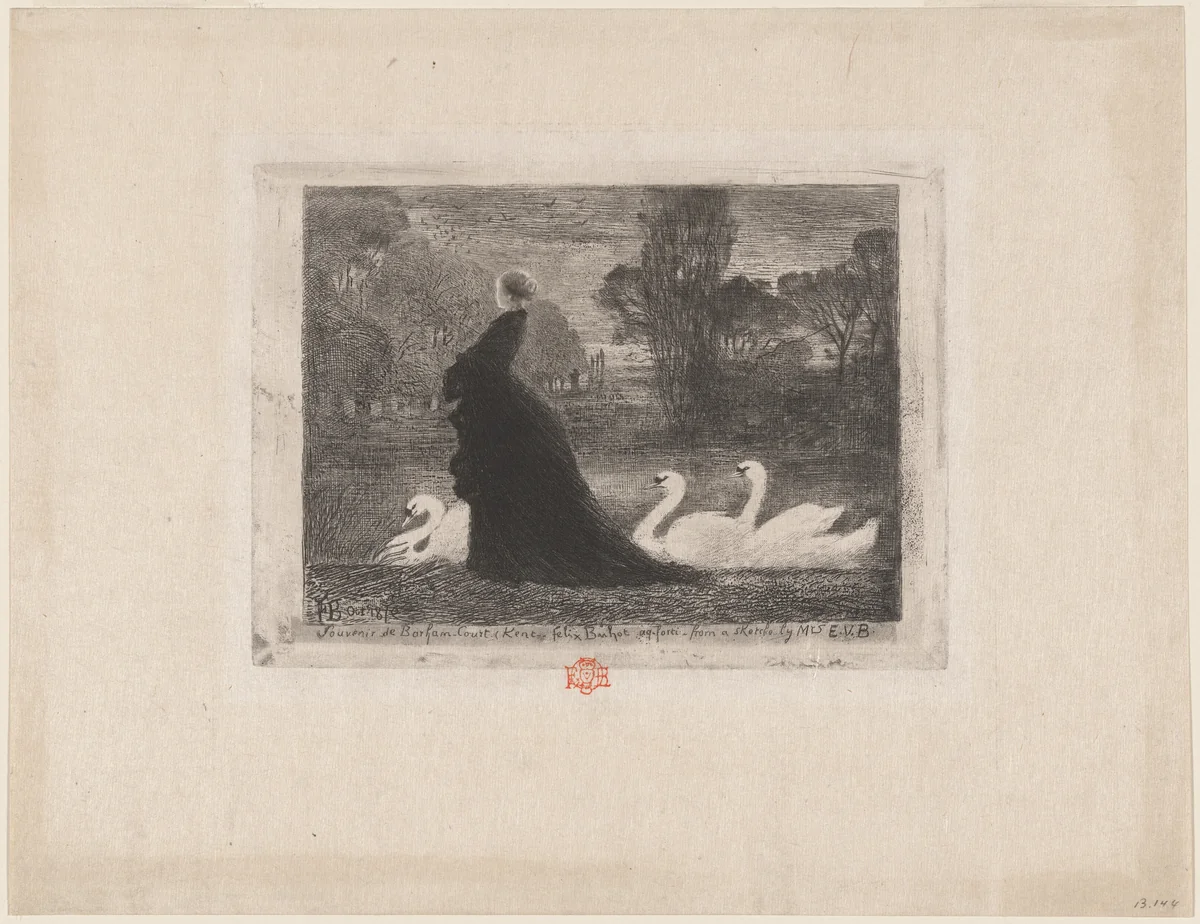 La Dame aux Cygnes (Woman with Swans) by Félix-Hilaire Buhot, print, 1879