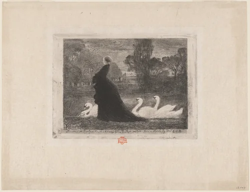 La Dame aux Cygnes (Woman with Swans) by Félix-Hilaire Buhot, print, 1879